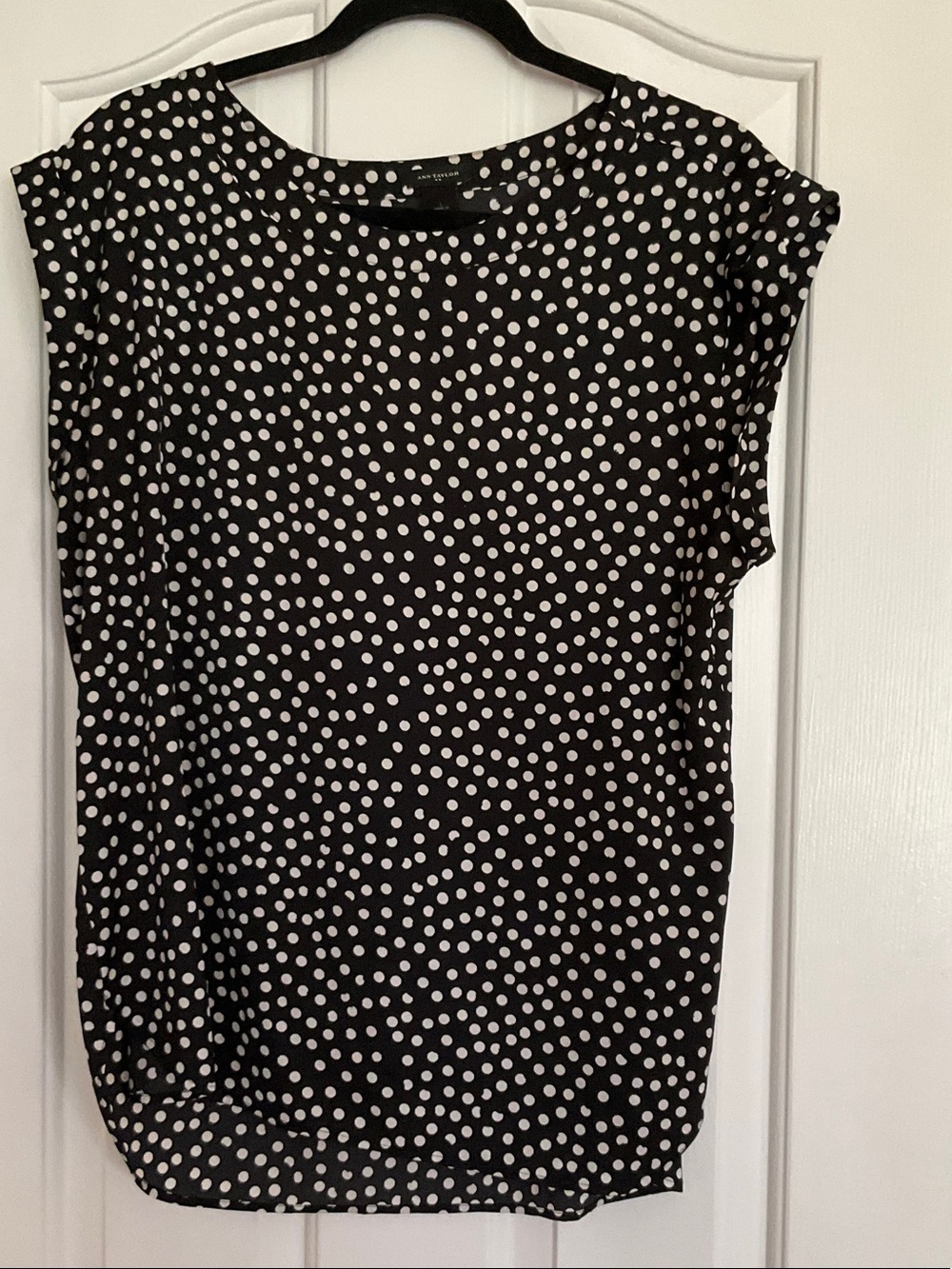 Ann Taylor Black Polka Dot rolled Sleeveless Blouse